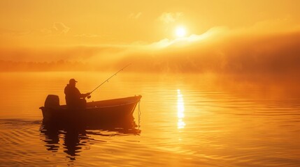 An angler in a small boat is seen fishing at sunset, with the warm light casting a golden glow on the scene - obrazy, fototapety, plakaty