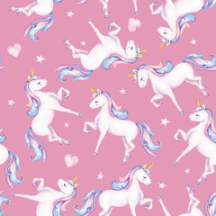 Seamless pattern. Watercolor unicorns pattern with rainbows and clouds. Cute watercolor texture