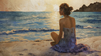 Akwarela kobiety siedzącej na plaży i wpatrującej się w morze - obrazy, fototapety, plakaty