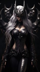 Fototapeta na wymiar girl devil in the hood with horns, long white hair, and large black wings, with bleeding purple eyes, armor dressed, and angry expressions on her face, character fantasy, the devil women