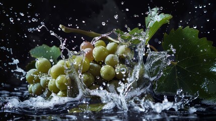 Grapes from a bunch are dropping and splashing into the water, surrounded by vine leaves