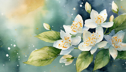 Watercolor painting of Jasmine flower. Botanical hand drawn art. Beautiful floral composition.