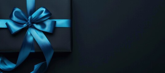 Black background with a blue ribbon and gift box.