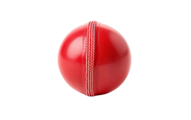 A vibrant red leather cricket ball suspended against a stark white backdrop