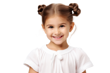 Studio portrait of cute little girl wearing student school uniform costume with smile and looking at camera isolated on transparent png background.