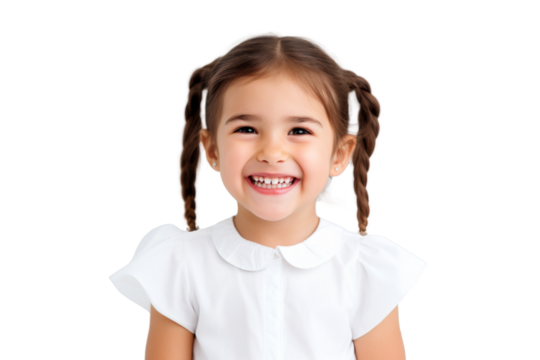 Studio portrait of cute little girl wearing student school uniform costume with smile and looking at camera isolated on transparent png background.
