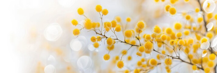 yellow mimosa flowers on blured white background