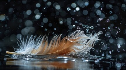A feather floats on top of a puddle of water, surrounded by lively bursts of water droplets adhering to its delicate structure