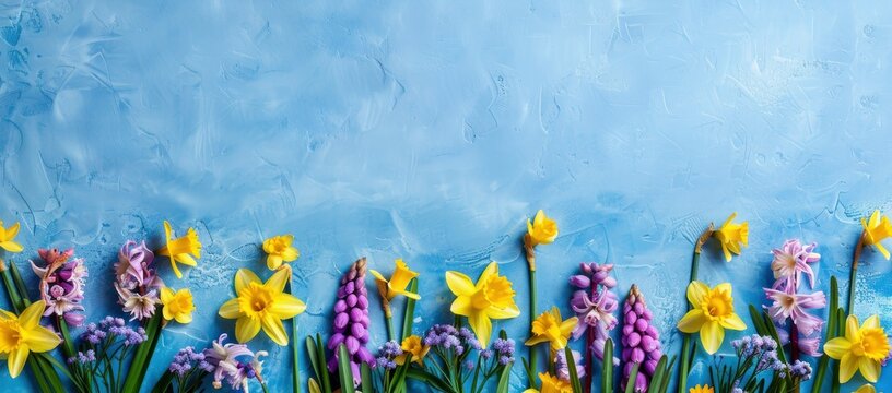 spring flower daffodil, lavender, hyacinth in a row against blue background