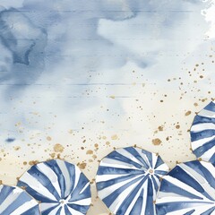 Obraz premium Collection of blue and white umbrellas arranged neatly on sandy beach