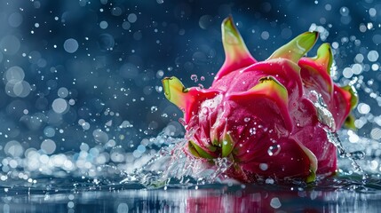 A dragon fruit splashes energetically in water, surrounded by lively water droplets enhancing the scene