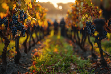 Sunset light baths a vineyard, highlighting the clusters of ripe grapes ready for harvest - obrazy, fototapety, plakaty