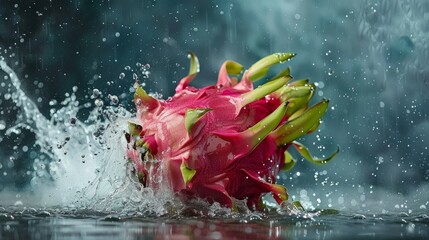 A dragon fruit splashes into the water, creating a lively burst with enhanced droplets