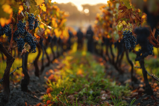 Sunset light baths a vineyard, highlighting the clusters of ripe grapes ready for harvest