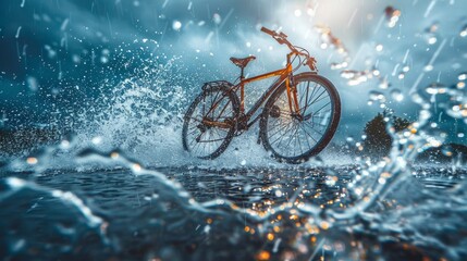 A bicycle is submerged in water with splashing water around it, showcasing the lively burst of water surrounding the sturdy bike