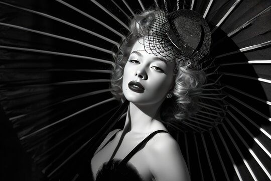 Glamorous black and white photo showcasing classic Hollywood-inspired fashion, A stunning black and white photograph exuding timeless elegance and sophistication