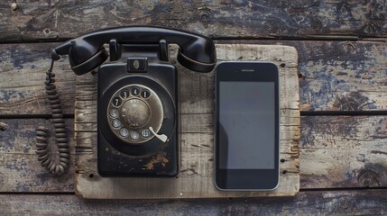 Old retro black phone and new cell phone on wooden board, top view, DOF, focus on phone, old vs new
