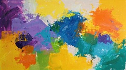 abstract modern artwork in shades of yellow, lavender, orange, blue, and green