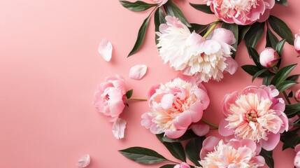 Beautiful peonies flower bouquets copy space on pink background. AI generated image