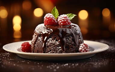 A chocolate bundt cake adorned with vibrant raspberries sits elegantly on a plate
