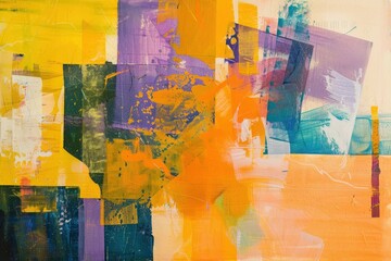 abstract modern artwork in shades of yellow, lavender, orange, blue, and green