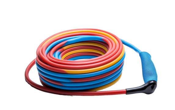 A vibrant blue and red jump rope with a sleek black handle, swirling and dancing with energetic movements