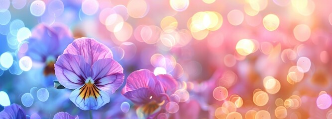 Fototapeta na wymiar pastel bokeh kawaii background with pansy flowers