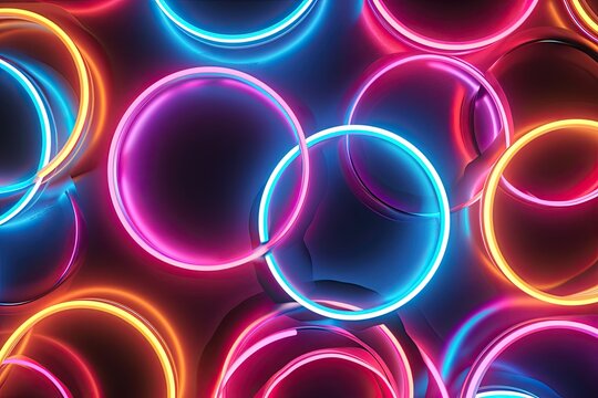 Glowing neon circles forming an abstract pattern, An abstract pattern created by glowing neon circles, radiating vibrant colors and futuristic vibes