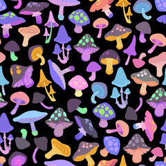 Vector seamless pattern of cartoon mushrooms