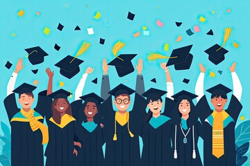 Graduation scene with jubilant graduates tossing their caps into the air, celebrating their achievements with laughter and joy as they embark on new journeys beyond academia.