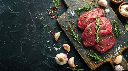 Top view fresh red raw beef for steak with rosemary and garlic on wooden cutting board. AI generated - obrazy, fototapety, plakaty