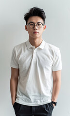 A young Asian man with glasses wearing a white shirt