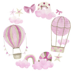 Watercolor kids wreath with hot air balloons, clouds and rainbow. Hand drawn baby isolated illustration on white background.