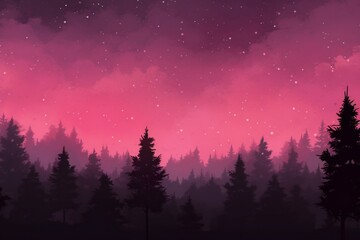 Fantasy landscape with pine trees and night sky