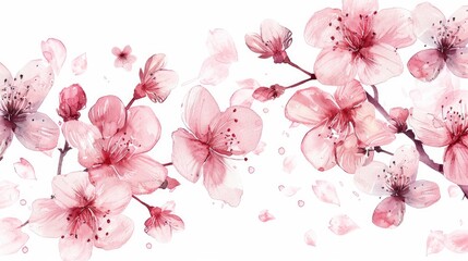 Watercolor Sakura Cherry Blossom Flower Blooming Collection Set Pattern on White Background