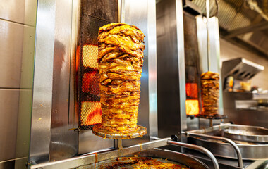 Juicy meat is fried on a shawarma spit. - obrazy, fototapety, plakaty