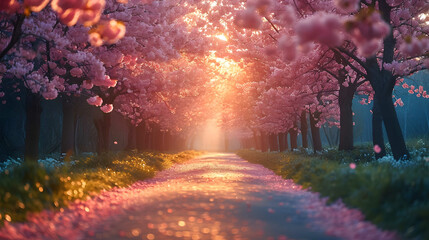 blossoming sakura trees in the light of the sun and sakura petals lie on the paths with copy space and place for text - obrazy, fototapety, plakaty