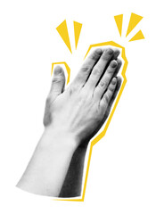 Collage element of clapping hands. Halftone applauding hands gesture. Cut out of magazine shapes. Success, appreciation, celebration. Grunge modern retro vector illustration on transparent background