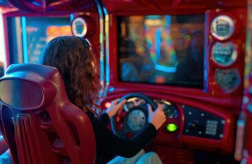 Girl playing racing simulator game in theme park.