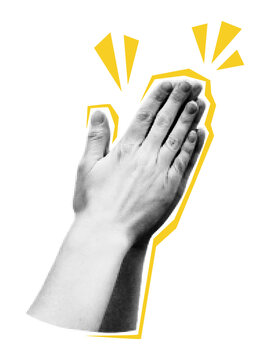 recommend clip art: Collage element of clapping hands. Halftone applauding hands gesture. Cut out of magazine shapes. Success, appreciation, celebration. Grunge modern retro vector illustration on transparent background