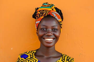 Portrait of a smiling African woman with a colorful headscarf against an orange background.