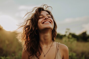 Joyful young woman with tousled hair smiling in golden hour sunlight, outdoors.