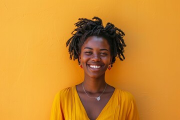 Portrait of a cheerful young woman with dreadlocks against a vibrant yellow background.