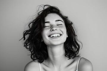 Black and white portrait of a joyful woman with curly hair smiling with closed eyes against a plain background.