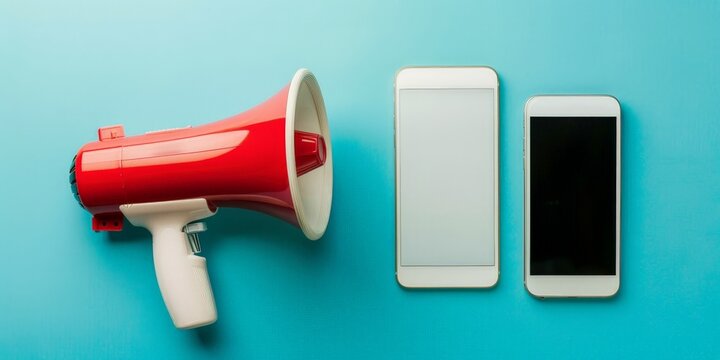 Megaphone and smartphone on blue background