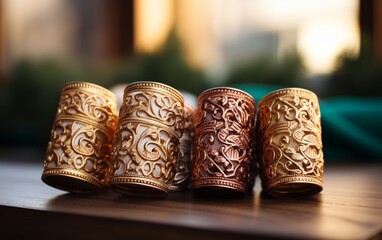 Row of shimmering gold and silver cuff bracelets resting on rustic wooden table