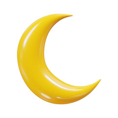 3d yellow crescent moon symbol. Yellow metallic moon with light and shadow for muslim holiday on isolated background. Vector illustration.	