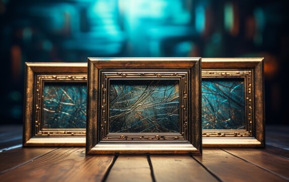 Two framed pictures standing on a rustic wooden table