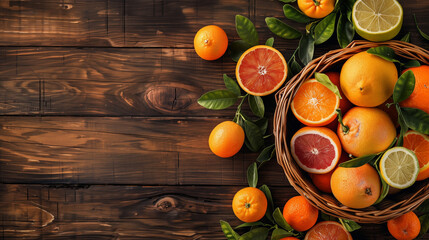 Various fresh citrus fruits in a wicker basket on a structure wooden table, view from above. Space for text.