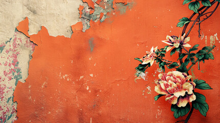 Zbliżenie łuszczącej się ściany w kolorze mandarynki z przepięknym motywem roślinnym - obrazy, fototapety, plakaty